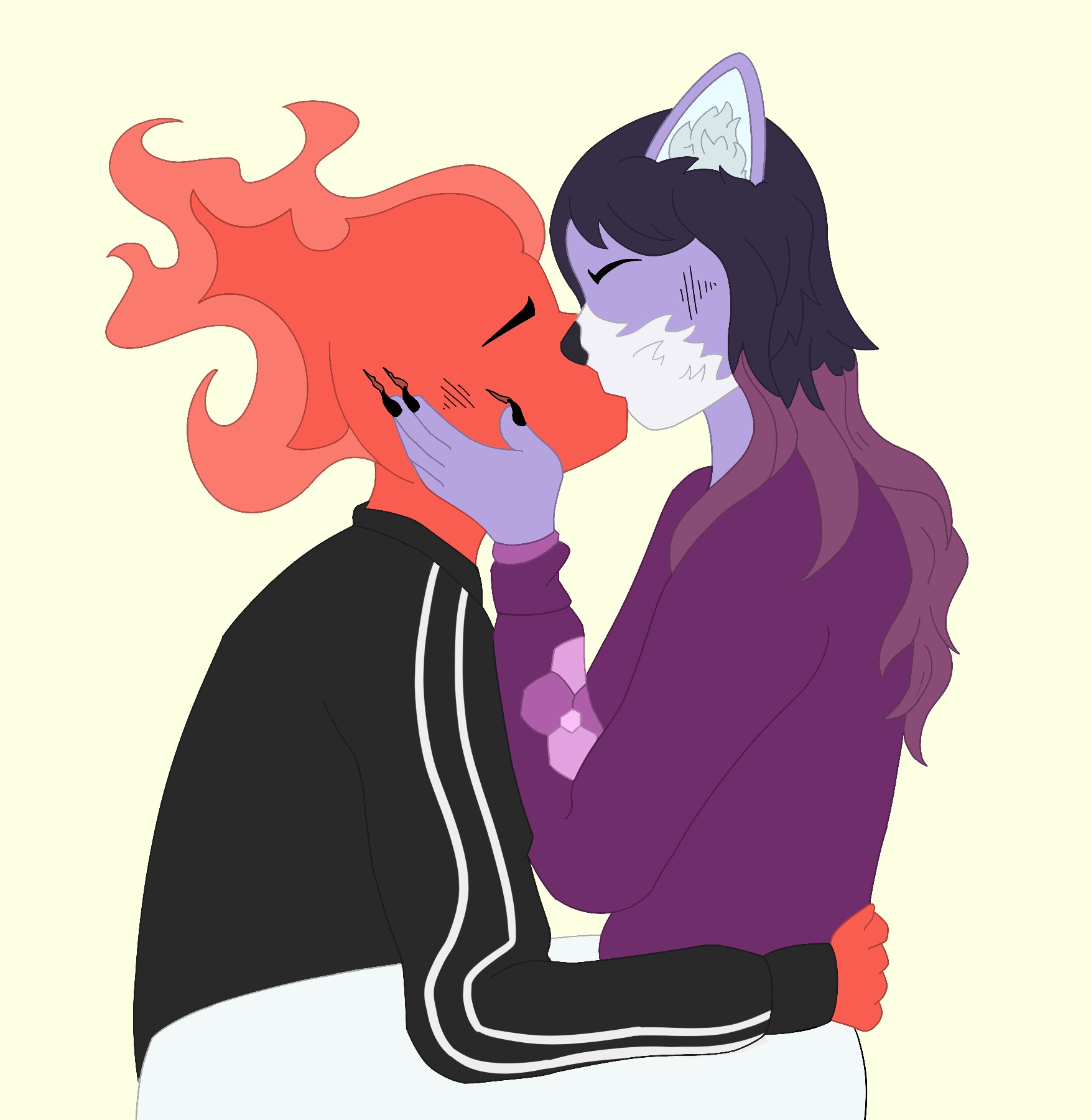 a red fire person in an adidas tracksuit, embrasing my fursona in a purple sweater with a hexagonal pattern on the sleeve. they are kissing